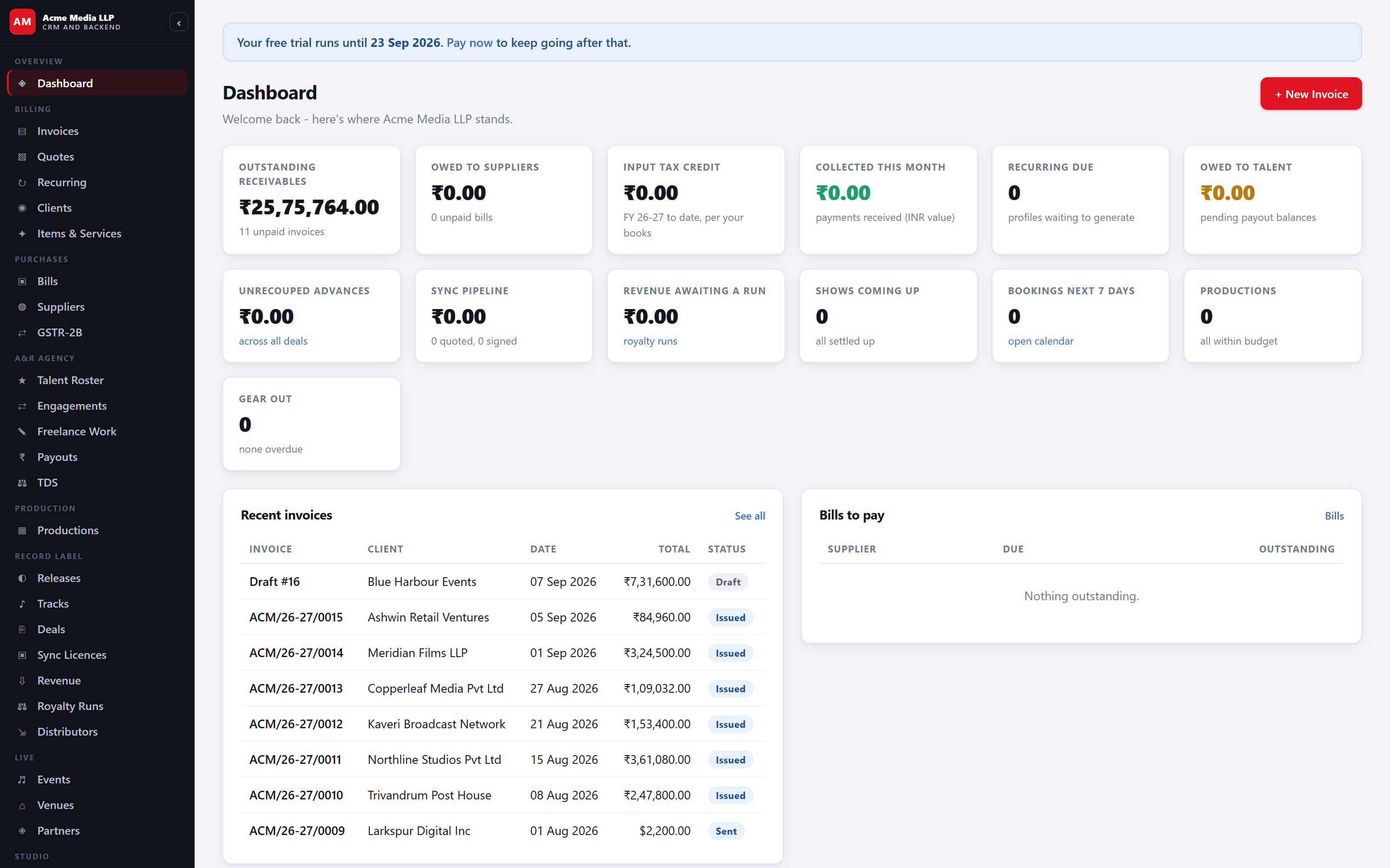 Ledgerwing dashboard showing outstanding receivables, input tax credit and a recent invoice list