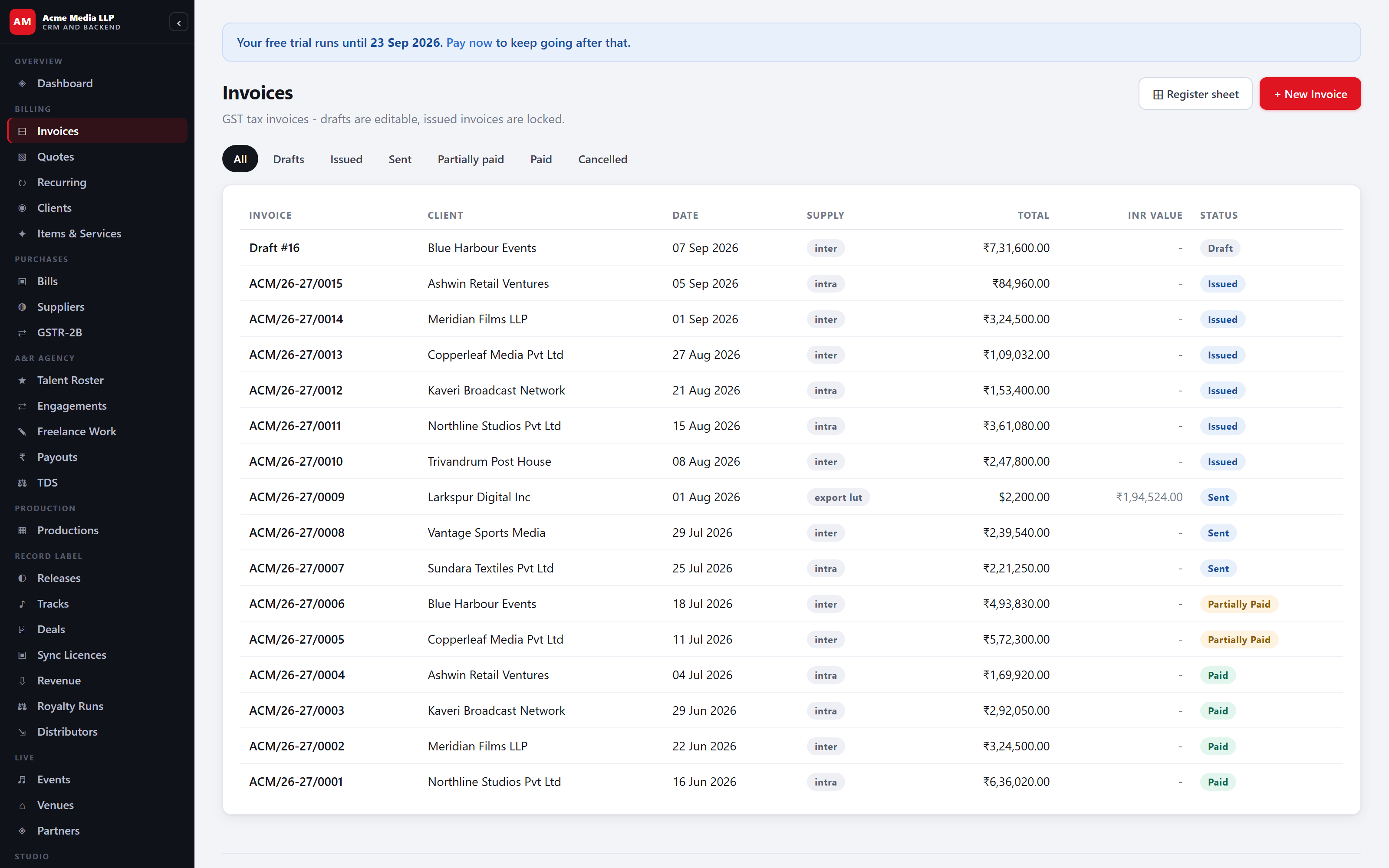 Ledgerwing invoice register showing GST tax invoices with intra-state, inter-state and export supply types, multi-currency totals, and payment status