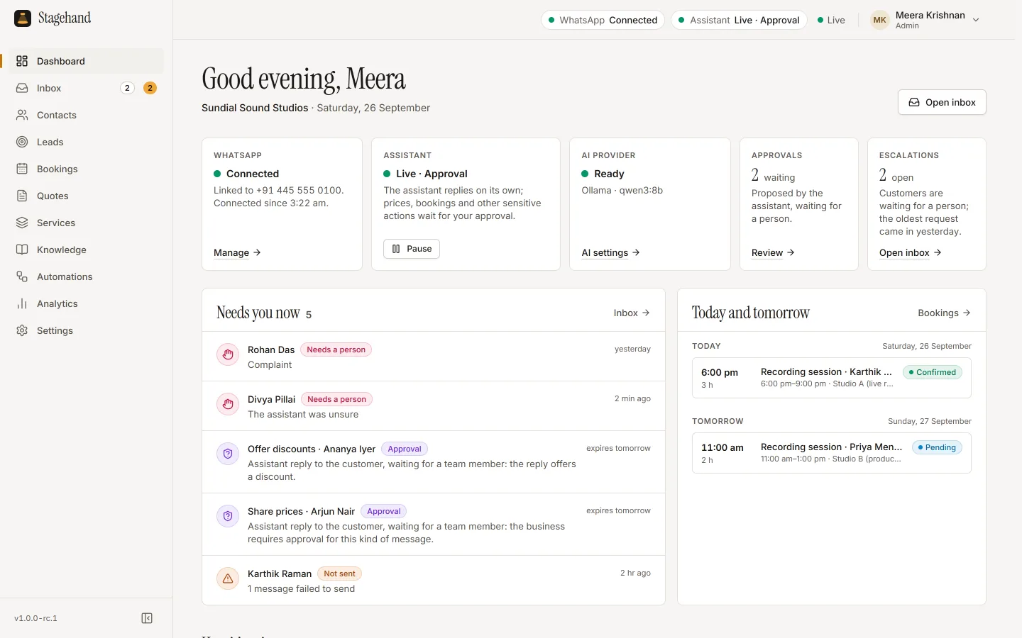The Stagehand dashboard showing WhatsApp connected, the assistant live in Approval mode, waiting approvals and escalations, and today's and tomorrow's bookings