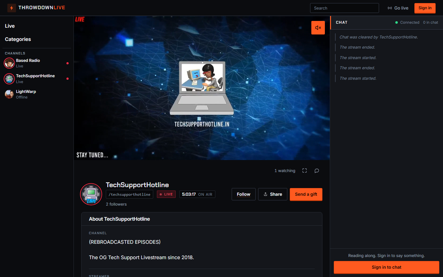 A ThrowdownLive channel watch page, showing the live video, a connected chat panel with follow and gift actions, and the channel's about section