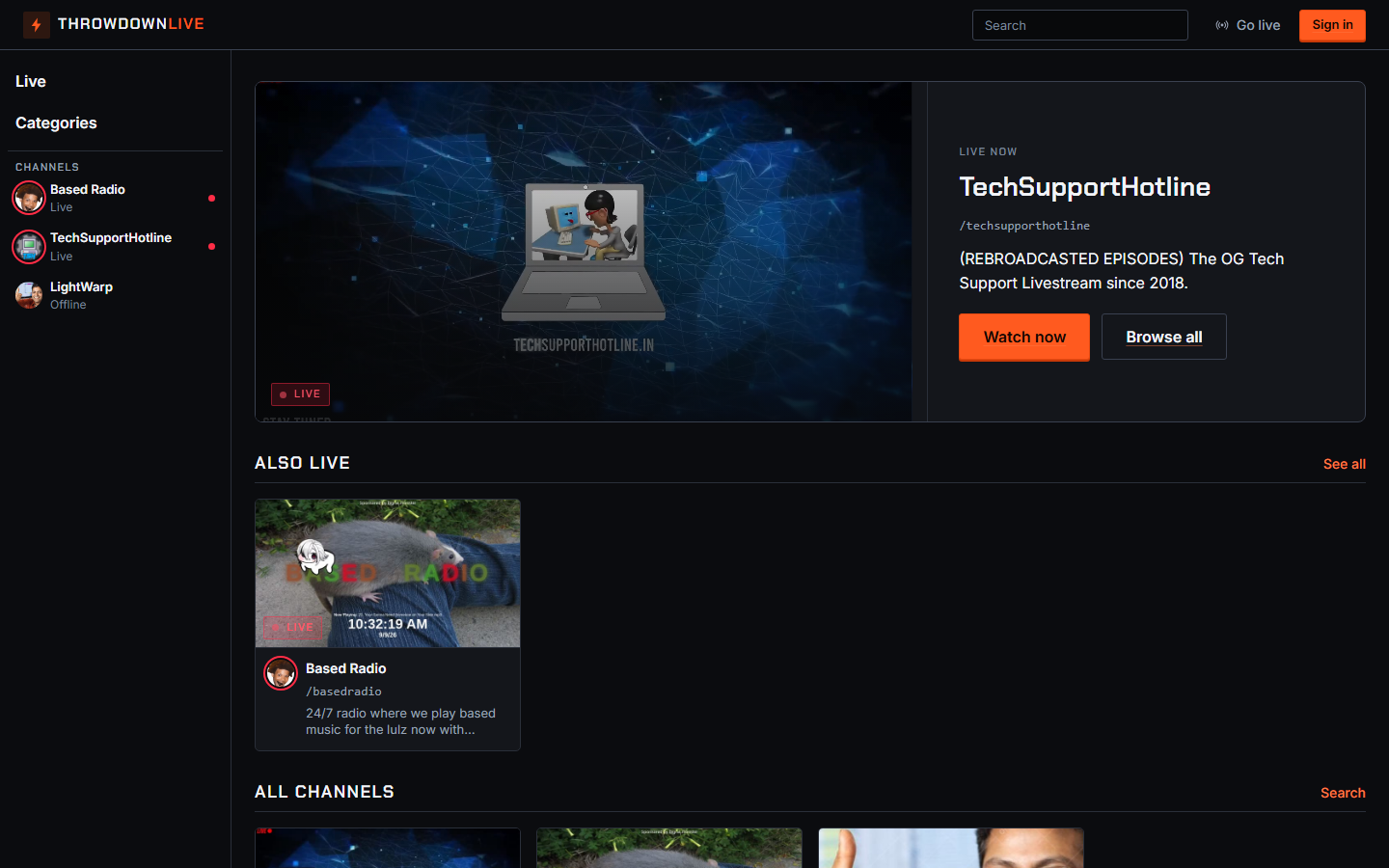 The ThrowdownLive home page: a live channel featured at the top, an also-live row beneath it, and a full channel directory below that